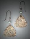 Hand-sculpted Bronze earrings with Trillion shaped flower pattern below a 6mm, Robin Egg color pearl;  L= 2 1/4 (including ear wire) W= 1 1/8