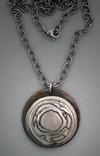 Mixed metal pendant - White Bronze and Steel on White Satin; 1 1/2"Dia." on a 21" steel cable chain