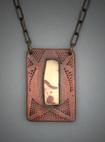 Antiqued copper pendant of textured copper with a smaller Mokume Gane bronze and copper rectangle laying in the center, on a 22 antiqued copper chain.  L= 1   W= 5/8.  $130