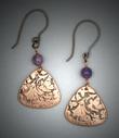 Hand-sculpted Bronze earrings with Trillion shaped flower pattern below a 6mm, round Amethyst bead; L= 2 1/4� (including ear wire) W= 1 1/8�