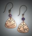 Hand-sculpted Bronze earrings with Trillion shaped flower pattern below a 6mm, round Amethyst bead; L= 2 1/4 (including ear wire) W= 1 1/8