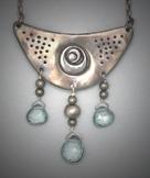 Steel Spiral Necklace; L=  1 3/4   W= 1 7/8;  Hand Sculpted winged Spiral Necklace with 3 Aquamarine crystals hanging below, on a 19 Steel Chain.