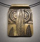 Nature & Industry  Bronze pendant - Nature & Industry Pendant;  Bronze mosaic of leaves and gears hanging on wrapped stainless steel cord, or on adjustable 16-22 chain.