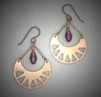 Bronze earrings with 6mm Swarovski Amethyst crystal drop. Very light weight and measures 1 1/4 w x 1 1/4" h to base of ear wire.
