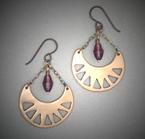 Bronze earrings with 6mm Swarovski Amethyst crystal drop. Very light weight and measures 1 1/4 w x 1 1/4" h to base of ear wire.