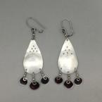 Pear shaped sterling silver earrings with 3 red resin spiral dangles measuring L= 3 1/4 (including ear wire) W= 3/4