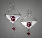 Sterling Silver triangle earrings with red spirals.  Very light weight and measures  1 ½w x  1 ½h to earring post.