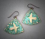 Bronze earrings with bird and green patina.  Light weight.  Measures 1 1/4" w x 1 1/8" h to base of ear wire.  $90.  (see matching pendant)