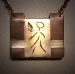 “Falling Leaf”;  Copper and bronze pendant with steel inlay of figure and falling leaf measuring 5/8”h x 1 ¾”w and hanging on copper chain.