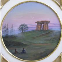 This circular painting of a Monolith is the central element of a wall panel (one of four panels) featuring "Decor" above and below the painting. The panels adorn four walls beneath a ten-foot vaulted ceiling mural. Each panel painted by Jill Gibson commissioned for the Vince Flaherty villa in Pacific Palisades, California.