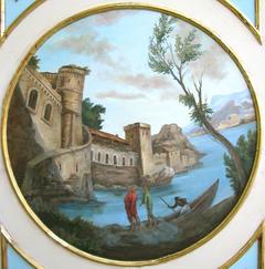 This circular painting (transposition of a Crestador drawing) is the central element of a wall panel (one of four panels) featuring "Decor" above and below the painting. The panels adorn four walls beneath a ten-foot vaulted ceiling mural. Each panel painted by Jill Gibson commissioned for the Vince Flaherty villa in Pacific Palisades, California.