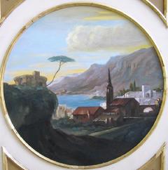 This circular painting (copy of a Giambattista Tiepolo painting) is the central element of a wall panel (one of four panels) featuring "Decor" above and below the painting. The panels adorn four walls beneath a ten-foot vaulted ceiling mural. Each panel painted by Jill Gibson commissioned for the Vince Flaherty villa in Pacific Palisades, California.