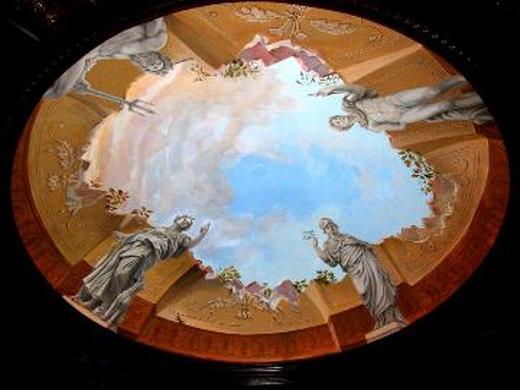 GBGVaulted Ceiling Mural This mural painting has a ten-foot circumference and features statues of four Roman gods and goddesses: Neptune, Athena, Diana, and Apollo. The mural is a collaboration between Jill Gibson and Antonio Borrani, commissioned for the Vince Flaherty villa in Pacific Palisades, California.