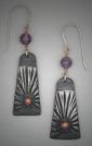 Hand crafted Steel Earrings with bronze ball hanging from a round 6mm Amethyst;  L= 2 1/8� (including ear wire)   W= 1/2�