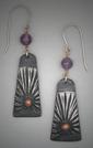 Hand crafted Steel Earrings with bronze ball hanging from a round 6mm Amethyst;  L= 2 1/8 (including ear wire)   W= 1/2