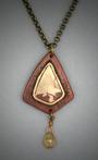 Mokume Gane Pendant with CitrionL=  1 5/8   W= 1 3/4;    Pendant with a Small bronze and copper Mokume Gane triangular shape laying on a larger copper textured frame, from which hangs  a 6x4mm Citrion crystal gemstone. 18 antiqued bronze chain.